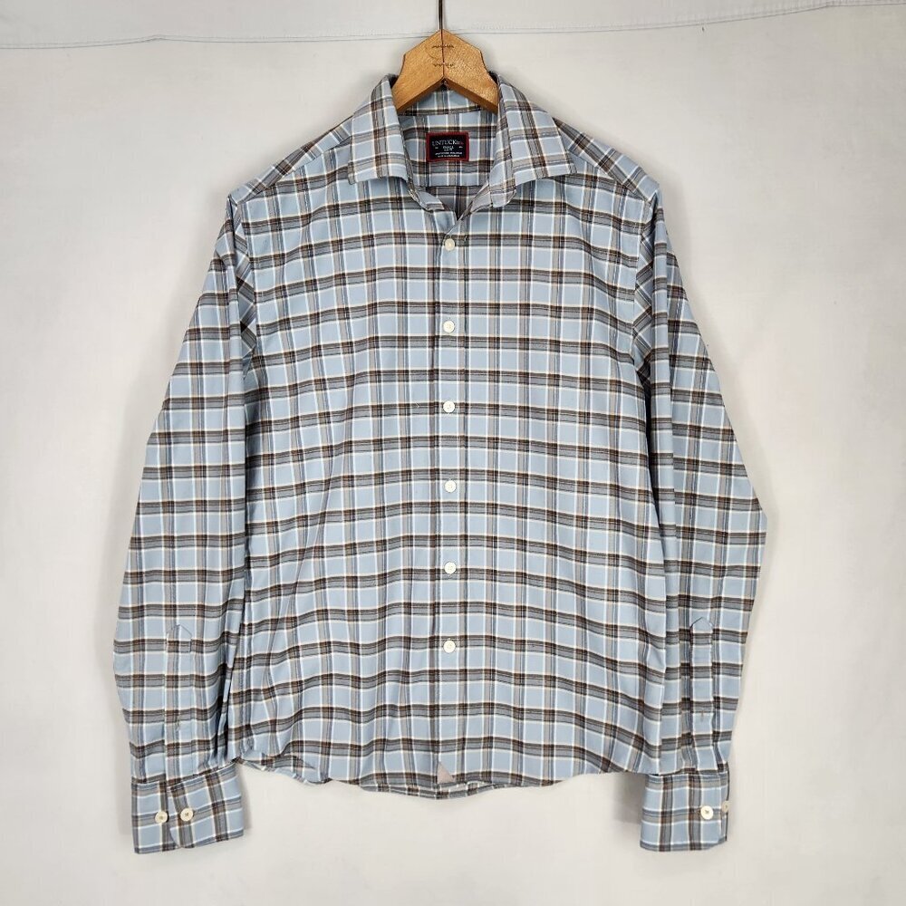 Untuckit Button Down Shirt Men's S Slim Fit Blue Plaid Dunato Soft Long Sleeve